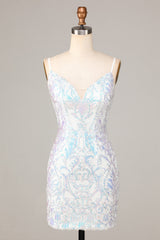 Sparkly White Sequins V Neck Bodycon Short Homecoming Dress