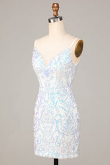 Sparkly White Sequins V Neck Bodycon Short Homecoming Dress