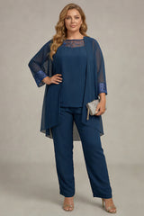 Navy Long Sleeves 3 Pieces Mother of the Bride Pant Suits