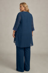 Navy Long Sleeves 3 Pieces Mother of the Bride Pant Suits