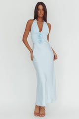 Heliora Halterneck Rosette Bust Maxi Dress Ice Blue