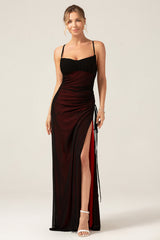 Black Red Spaghetti Straps Mermaid Pleated Long Bridesmaid Dress with Slit