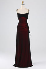 Black Red Spaghetti Straps Mermaid Pleated Long Bridesmaid Dress with Slit