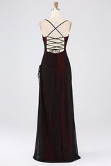Black Red Spaghetti Straps Mermaid Pleated Long Bridesmaid Dress with Slit