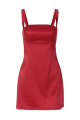 Navy Blue Satin Square Neck Short Dress