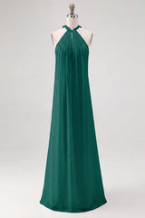 Dark Green Chiffon A Line Halter Long Formal Dress