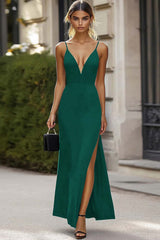 Black Deep V-Neck Satin Sheath Long Formal Dress with Slit