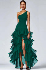 Black Organza One Shoulder A Line High Low Formal Dress with Ruffles