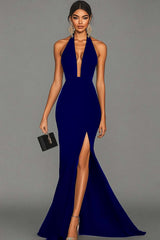 Dark Green Satin Mermaid Deep V-Neck Long Formal Dress with Slit