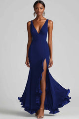 Black Mermaid Chiffon V Neck Long Formal Dress with Slit