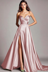 Dusty Blue Satin A Line Strapless Ruched Long Prom Dress with Slit