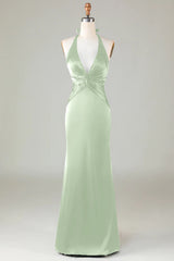 Dusty Sage Satin Sheath Halter Long Bridesmaid Dress