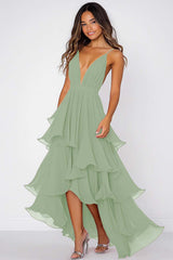 Dusty Sage Deep V-Neck Chiffon Asymmetrical Formal Dress