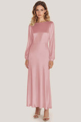 Dusty Sage Satin Neck A-Line Long Scoop Formal Dress with Sleeves