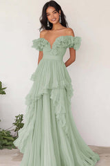 Lilac Chiffon A Line Long Off the Shoulder Prom Dress with Ruffles