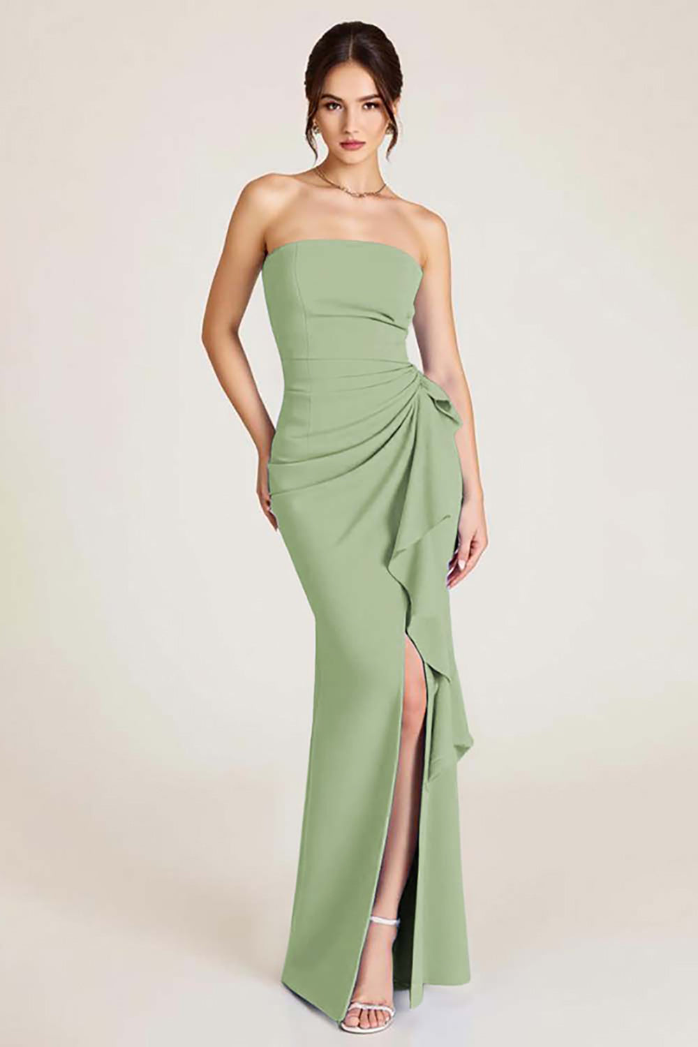 Dusty Sage Strapless Long Sheath Wedding Guest Dress with Slit