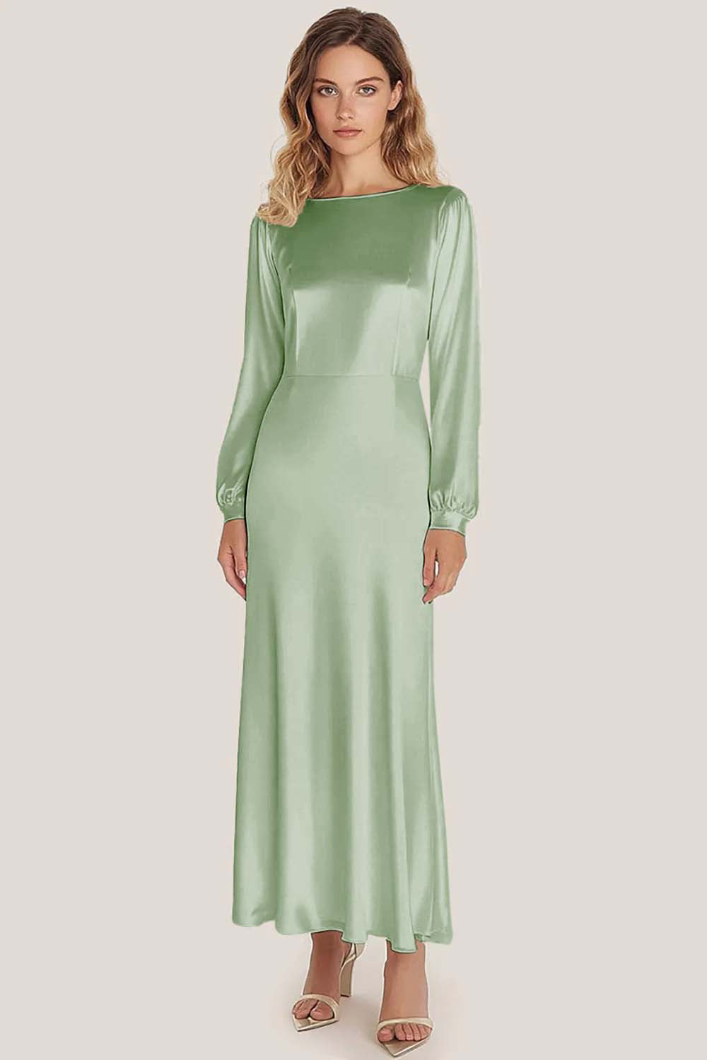 Dusty Sage Satin Neck A-Line Long Scoop Formal Dress with Sleeves