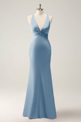 Dusty Blue Mermaid V Neck Satin Long Bridesmaid Dress