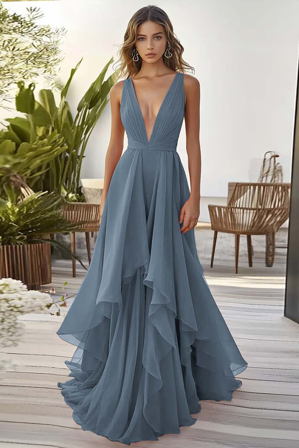 Dusty Blue Chiffon Deep V-Neck A Line Long Wedding Guest Dress with Ruffles