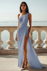 Dusty Blue Chiffon One Shoulder Beach Long Formal Dress with Slit