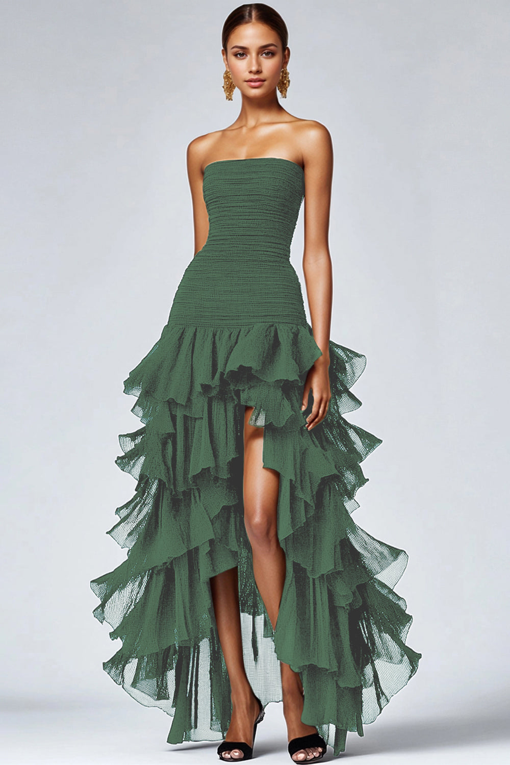 Eucalyptus Strapless Tulle Tiered Ruffles Formal Dress