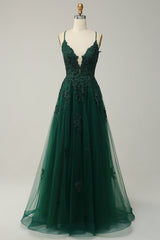 Dark Green Spaghetti Straps Appliques Tulle Prom Dress