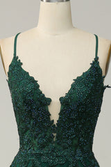 Dark Green Spaghetti Straps Appliques Tulle Prom Dress