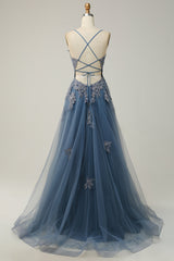 Grey Blue Spaghetti Straps Appliques Tulle Prom Dress