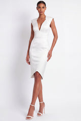 White V-Neck Pencil Midi Cap Sleeves Work Dress