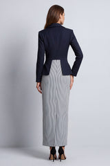 Peak Lapel Navy Sheath Double Breasted Striped Long Work Dress