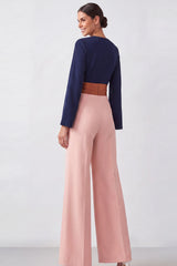 V-Neck Brown Color Block Formal Jumpsuits with Belt