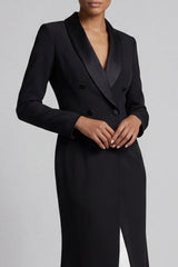 Shawl Lapel Black and White Mermaid Double Breasted Long Work Dress