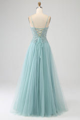 Sparkly Light Green A-Line Sequin Applique Corset Prom Dress With Slit
