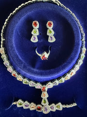 Multicolour Jewellery Set Lariat Necklace Earrings Bracelet Ring