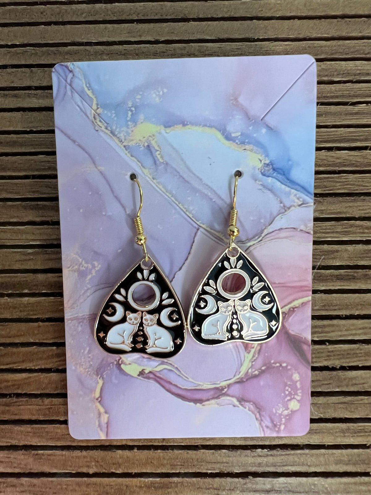 Ouija Board Earrings with Two White Cats Celestial Moon in Gold Enamel