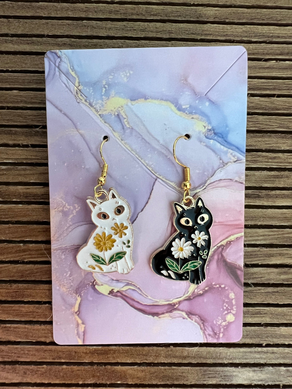 Black and White Eat Earrings Enamel Floral Design