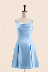 Light Blue Satin Short Dress with Back Bow