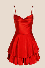 Cowl Neck Red Ruffles Short Princess Dress