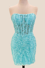 Strapless Raspberry Appliques Bodycon Short Dress