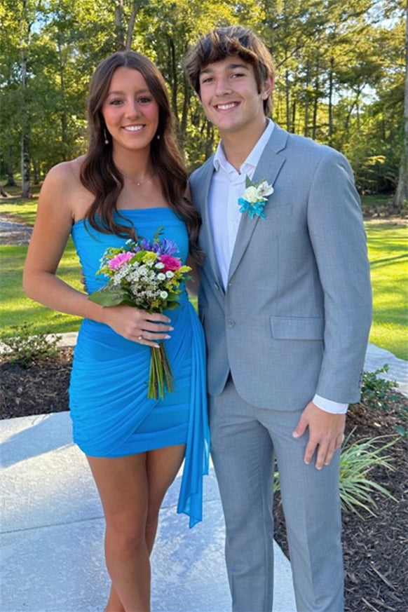 Strapless Blue Tight Short Dress with Train