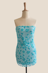 Strapless Blue Beaded Flowers Tight Short Dress