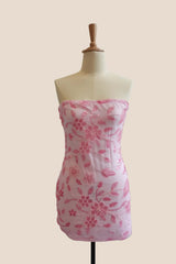 Strapless Pink Beaded Flowers Tight Short Dress