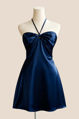 Halter Navy Blue Back Tie A-line Short Dress