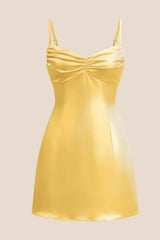 Straps Pink Ruched Satin Short Dress