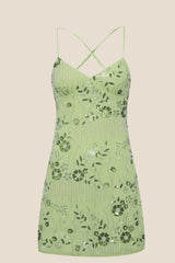 Green Beaded Straps Fitted Mini Dress
