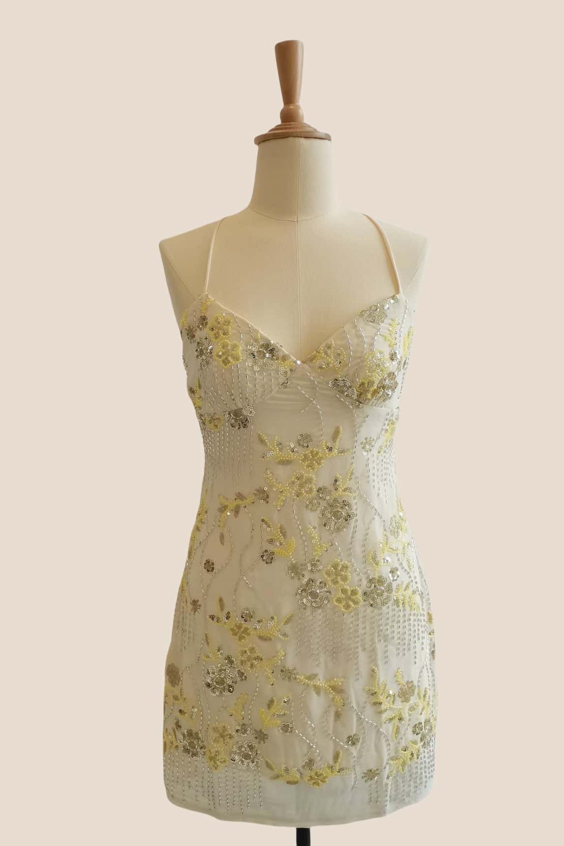Straps Yellow Sequin Fitted Short Dress