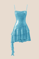 Straps Hot Pink Sequin Ruffle A-line Dress