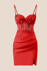 Straps Red Appliques Ruched Tight Dress