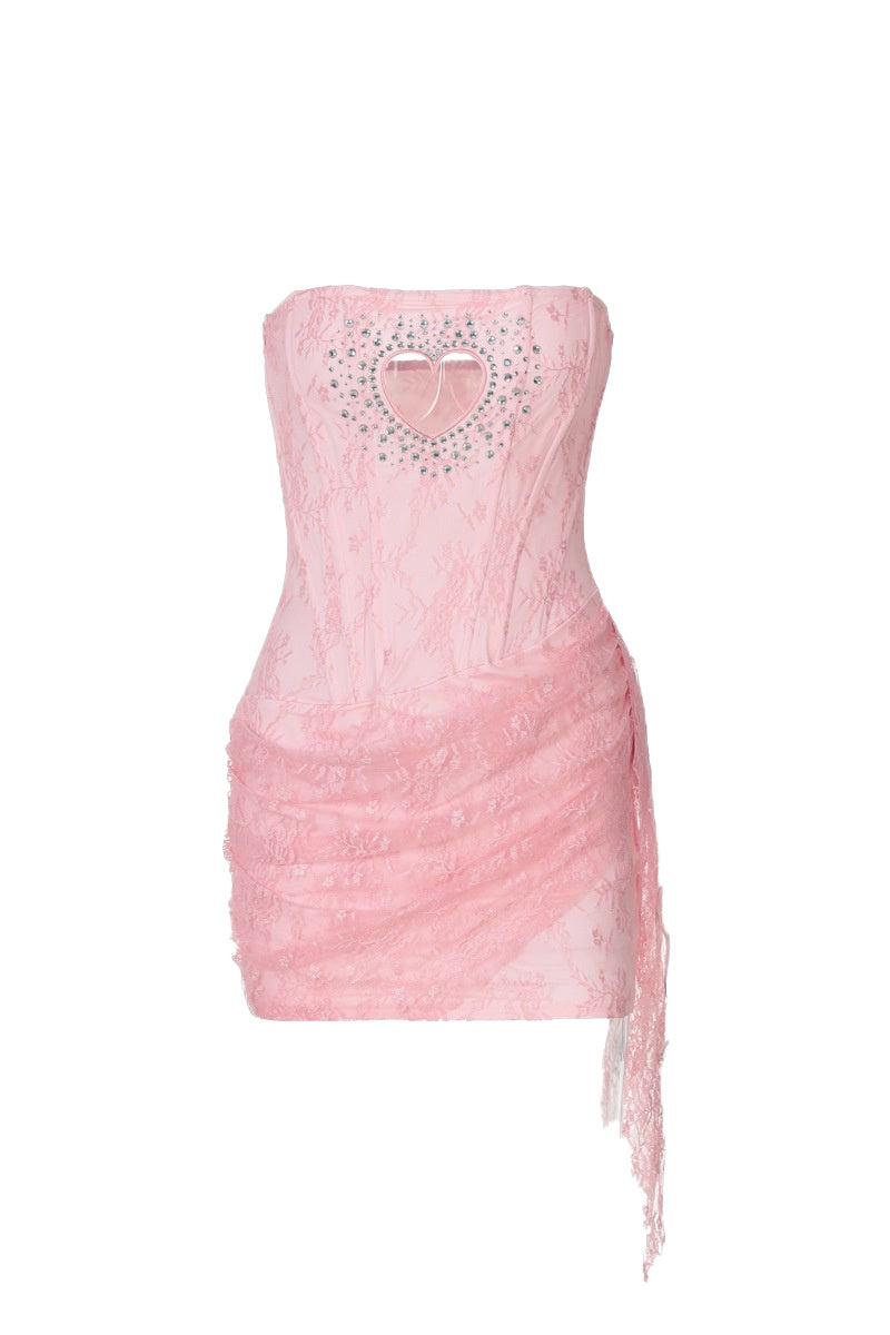 Strapless Pink Hollow Heart Lace Short Dress
