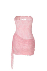 Strapless Pink Hollow Heart Lace Short Dress